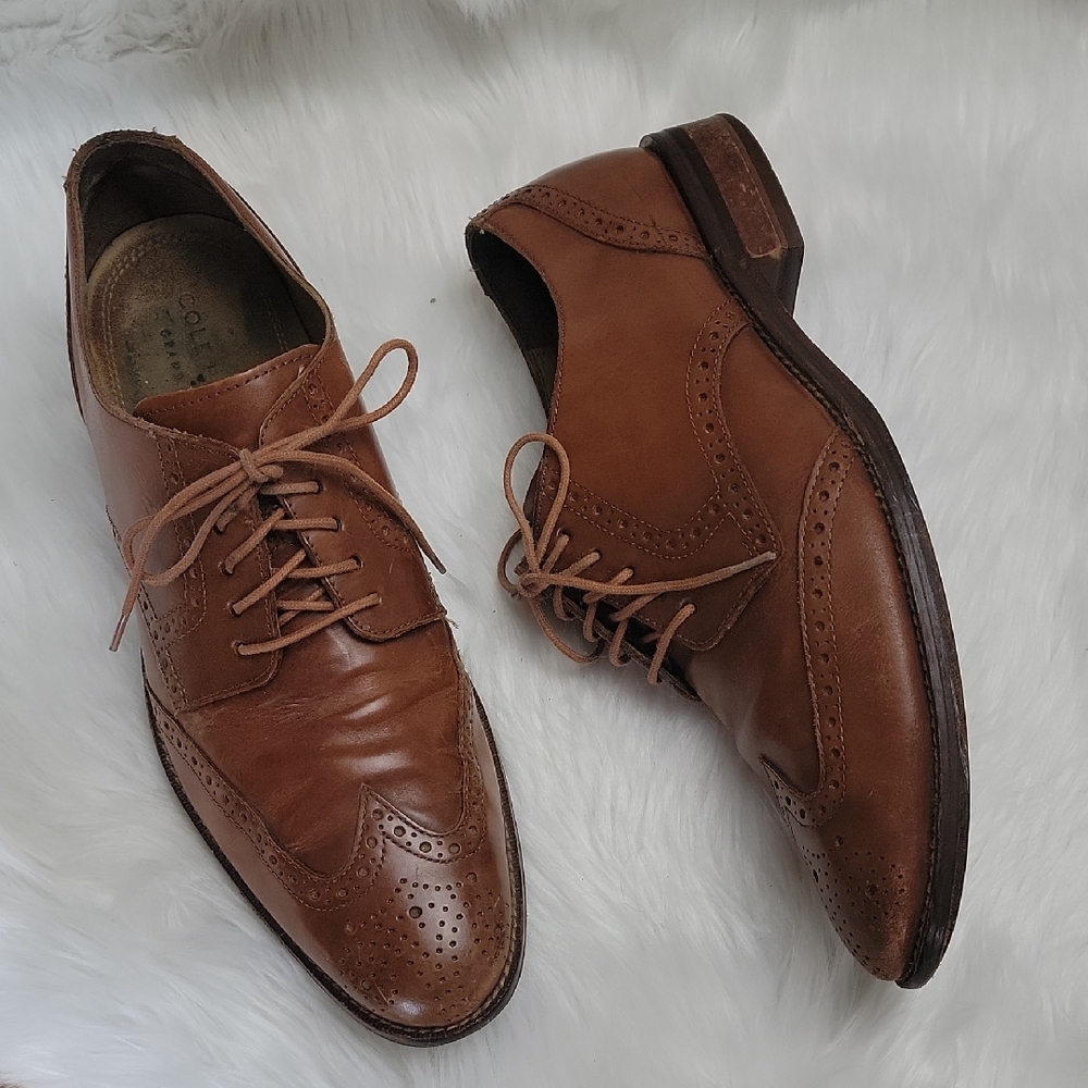 COLE HAAN Grand OS‎ Madison Tan Leather Wingtip Lace Up Oxford Dress Shoes 10